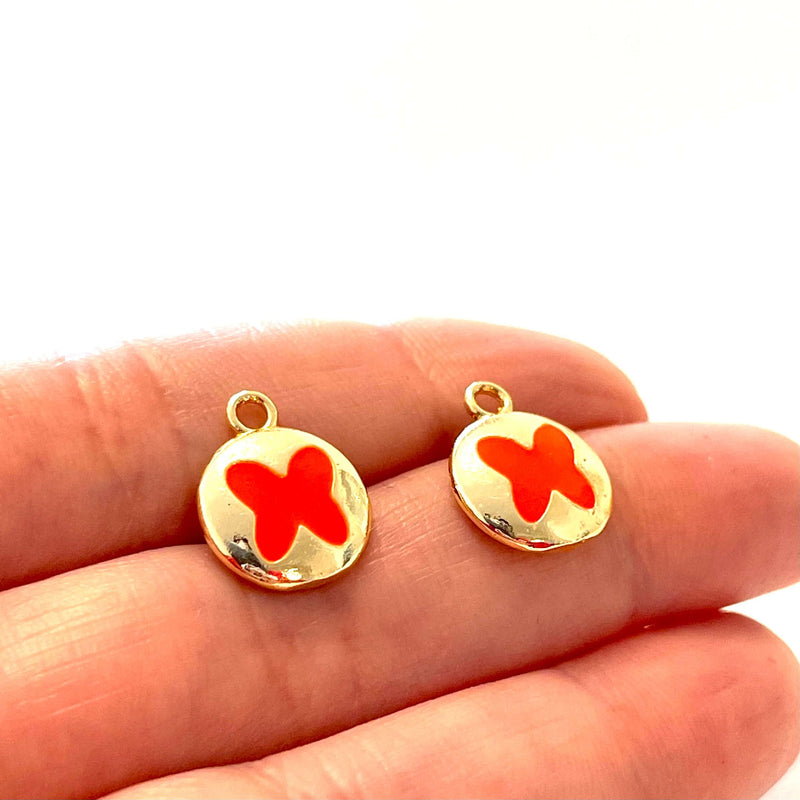 24Kt Gold Plated Brass Neon Orange Enamelled Butterfly Charms, 2 pcs in a pack