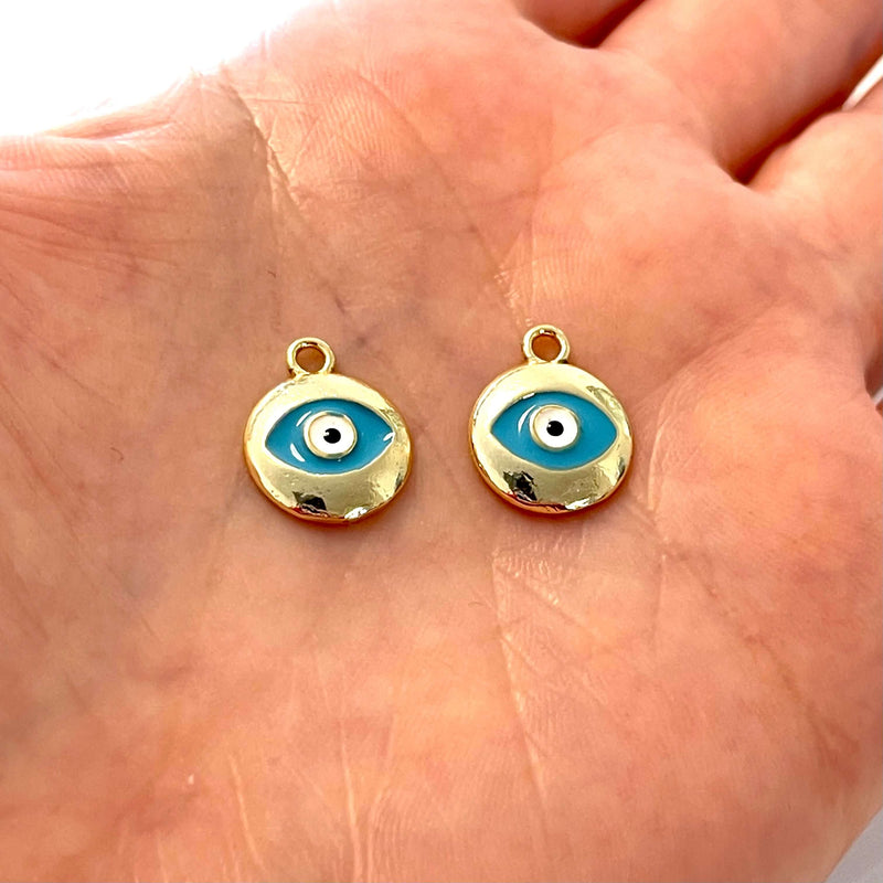 24Kt Gold Plated Brass Turquoise Enamelled Evil Eye Charms, 2 pcs in a pack