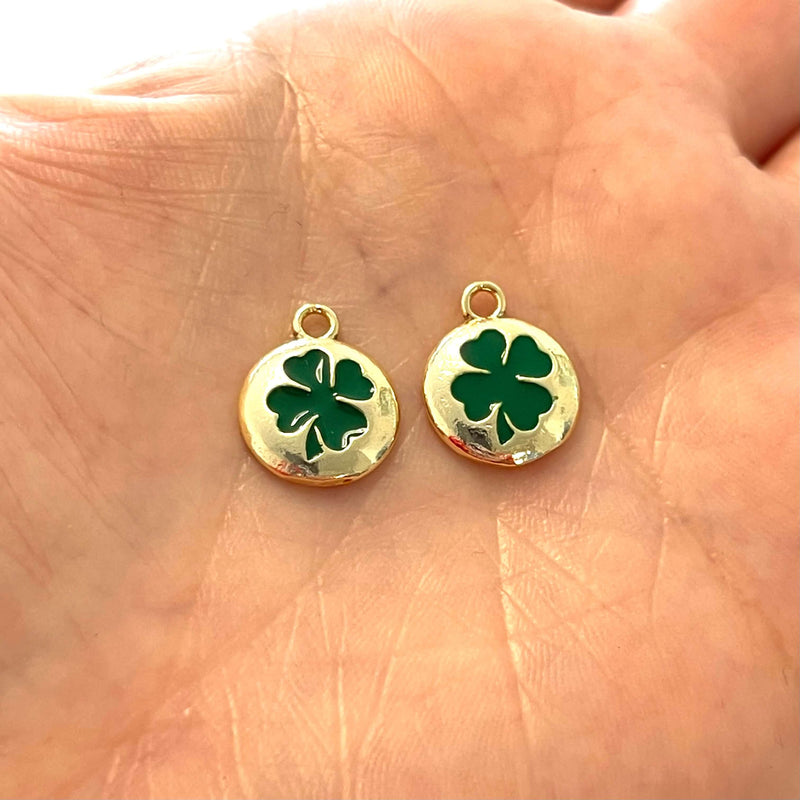 24Kt Gold Plated Brass Green Enamelled Clover Charms, 2 pcs in a pack£1.5