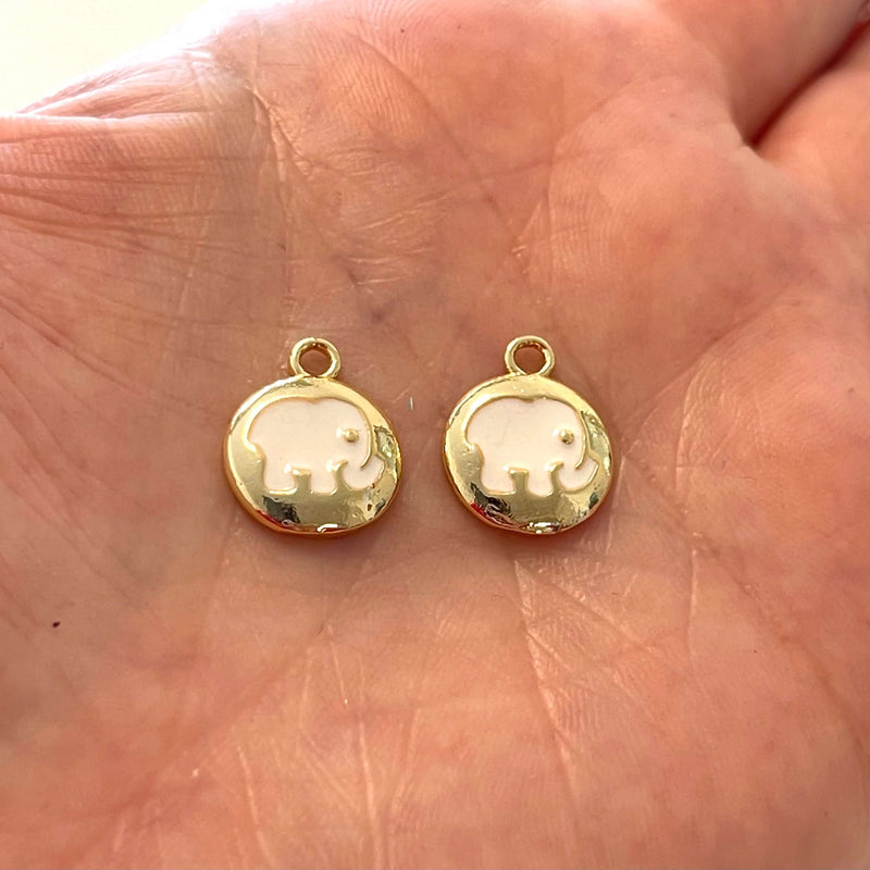 24Kt Gold Plated Brass White Enamelled Elephant Charms, 2 pcs in a pack