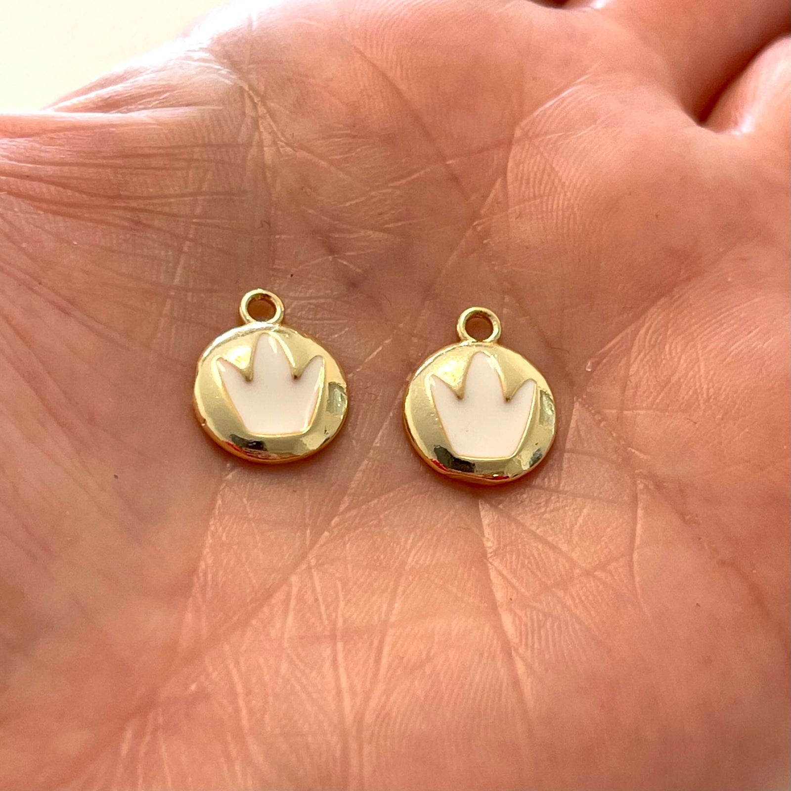 24Kt Gold Plated Brass White Enamelled Crown Charms, 2 pcs in a pack