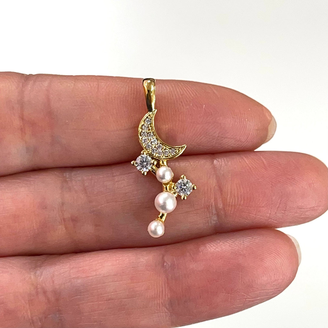 24Kt Gold Plated CZ Micro Paved Crescent With Star&amp;Pearls Charm