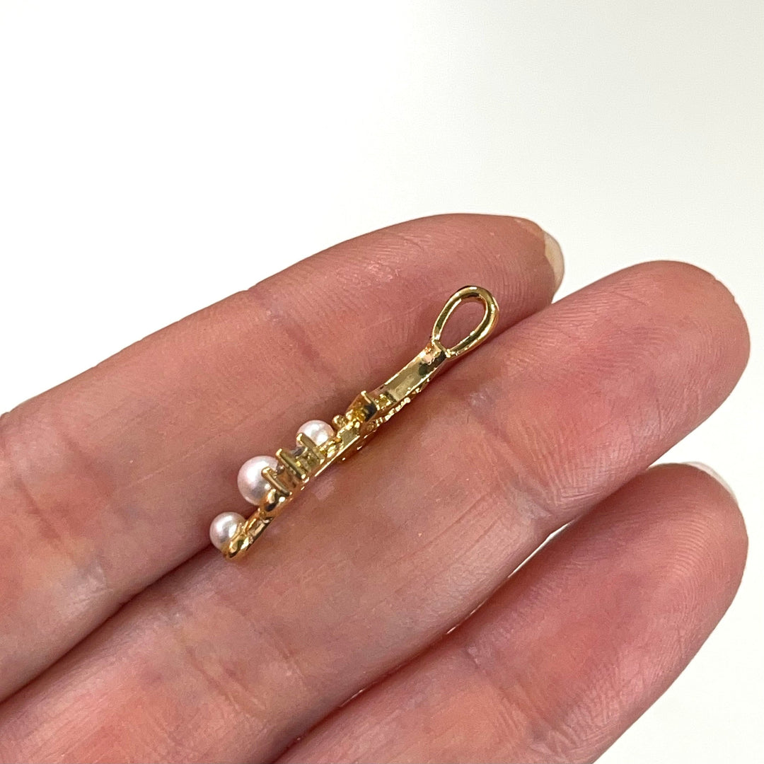 24Kt Gold Plated CZ Micro Paved Crescent With Star&amp;Pearls Charm