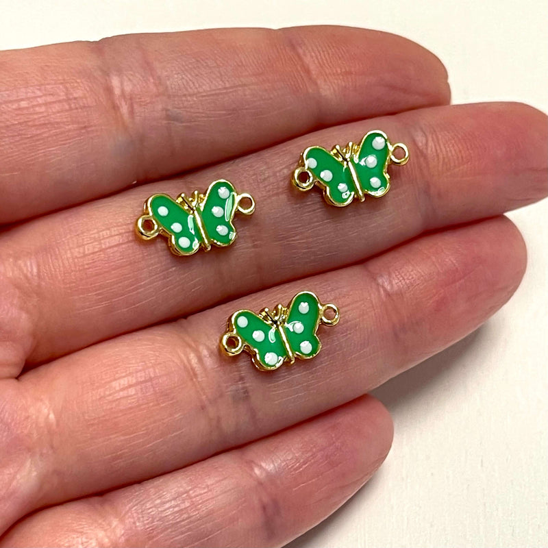Breloques connecteur papillon émaillé vert fluo plaqué or 24 carats, 3 pièces dans un paquet