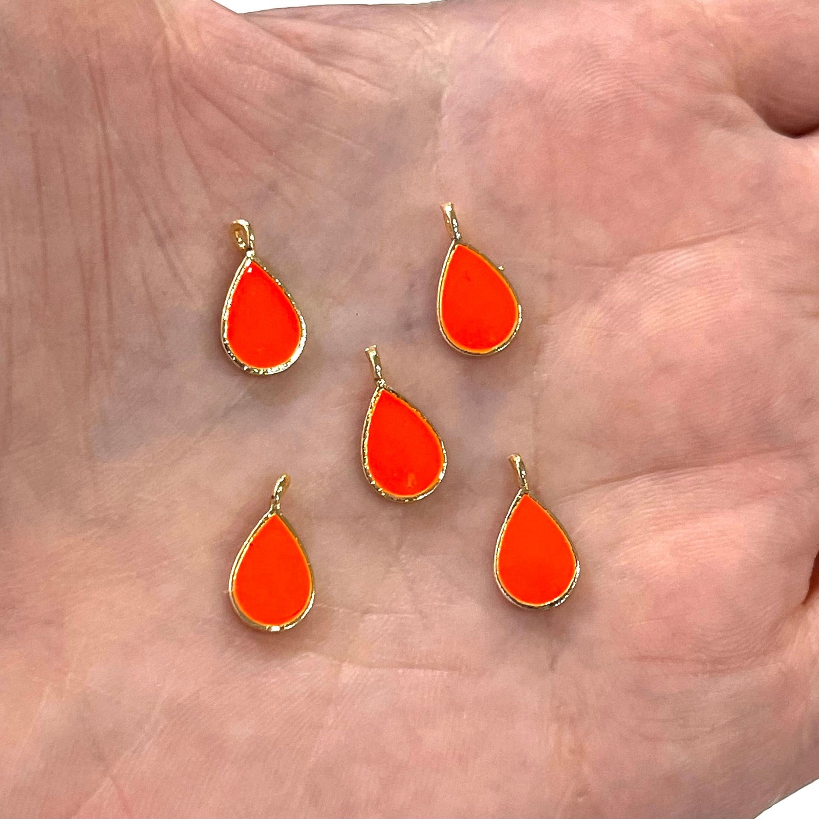 24Kt Gold Plated Neon Orange Enamelled Drop Charms, 5 pcs in a Pack