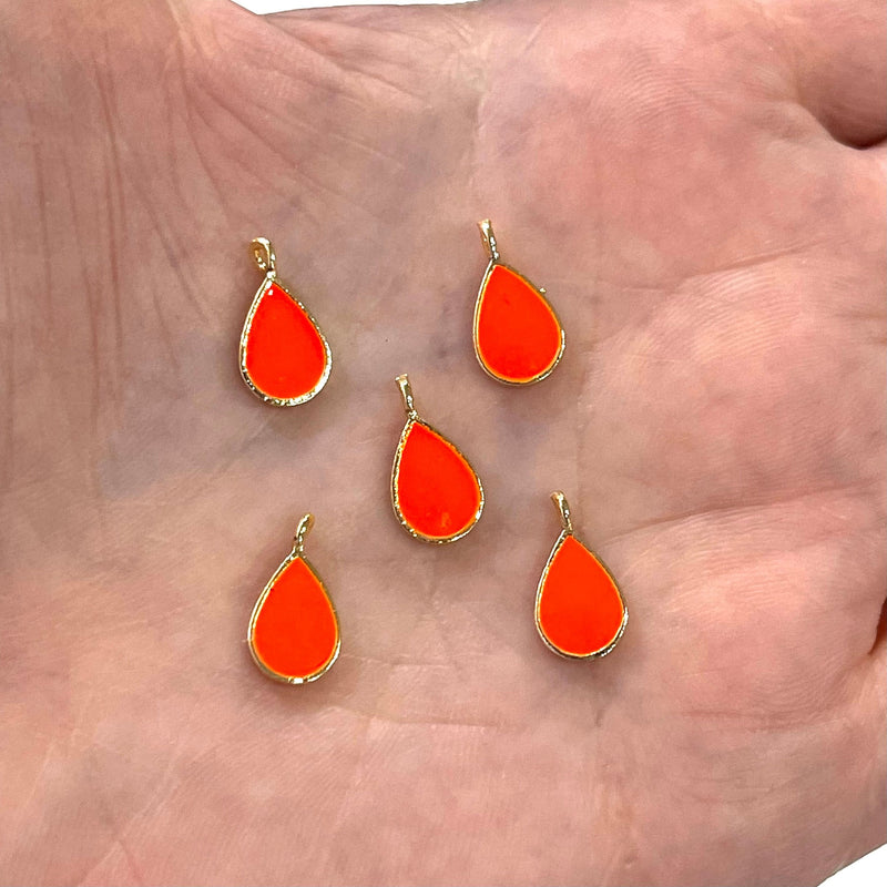 24Kt Gold Plated Neon Orange Enamelled Drop Charms, 5 pcs in a Pack