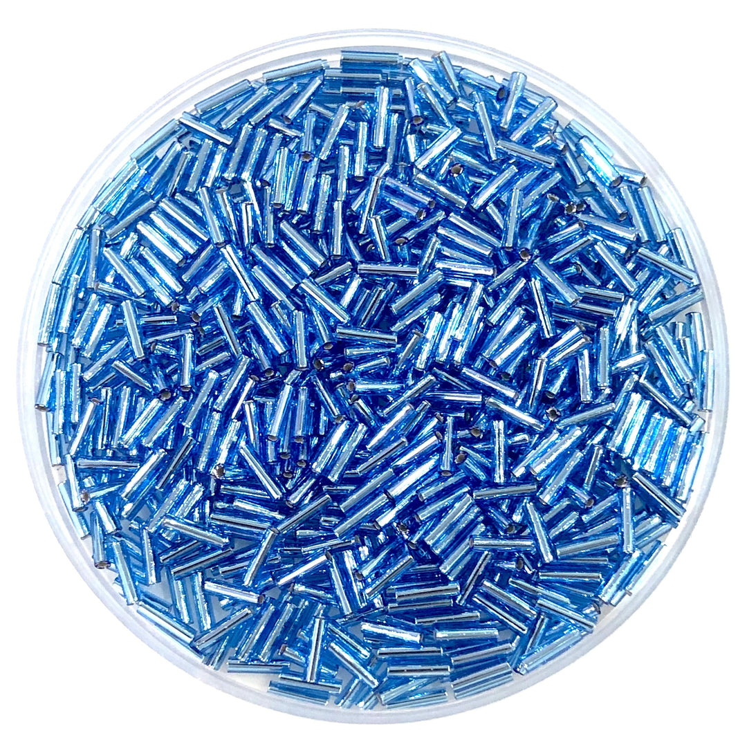 Miyuki Bugles size 6mm 0019 Sapphire Silver Lined 10 grams.