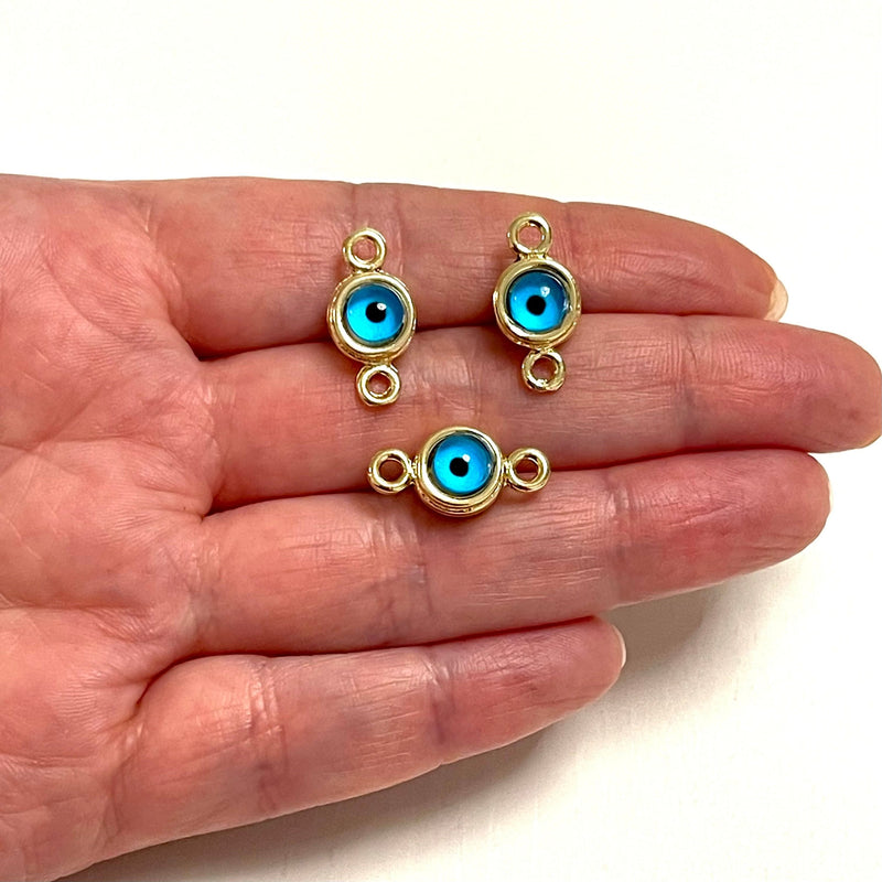24Kt Gold Plated Double-Sided Double Loop Evil Eye Connector Charms, 3 pcs in a pack
