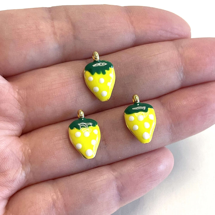 24Kt Gold Plated Neon Yellow Enamelled Strawberry Charms, 3 pcs in a pack