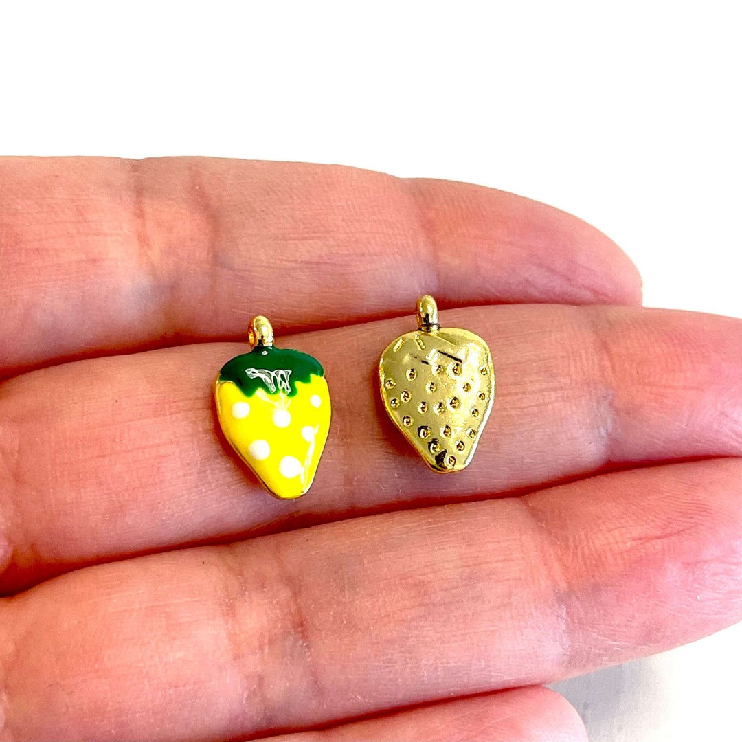 24Kt Gold Plated Neon Yellow Enamelled Strawberry Charms, 3 pcs in a pack