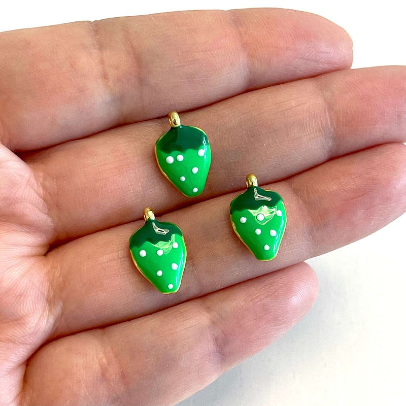 24Kt Gold Plated Neon Green Enamelled  Strawberry Charms, 3 pcs in a pack