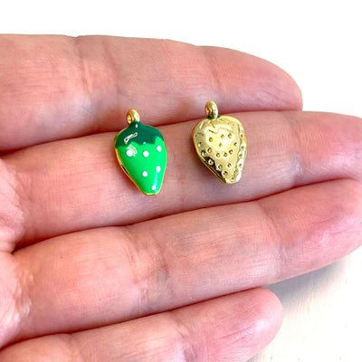24Kt Gold Plated Neon Green Enamelled  Strawberry Charms, 3 pcs in a pack