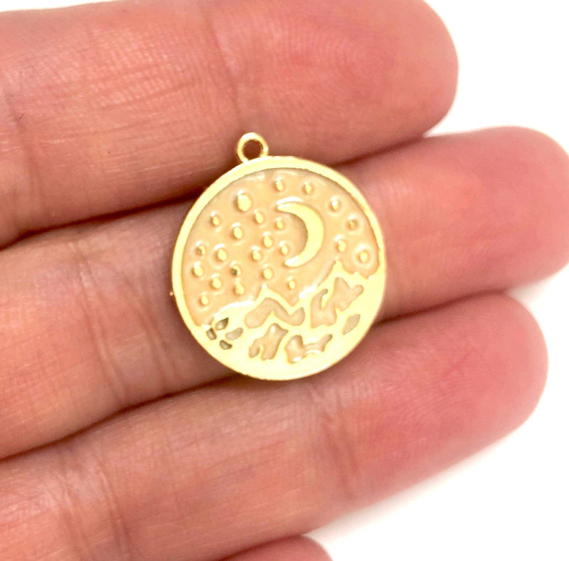 Pendentif Lune et Etoiles émaillé Ivoire Plaqué Or 24Kt
