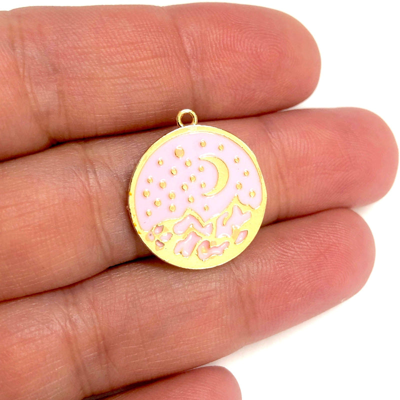 24 Karat vergoldeter rosa emaillierter Mond- und Sternanhänger