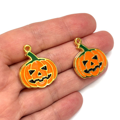 Halloween Pumpkin Charm, 24Kt Gold Plated Halloween Pumpkin Enamelled Charm