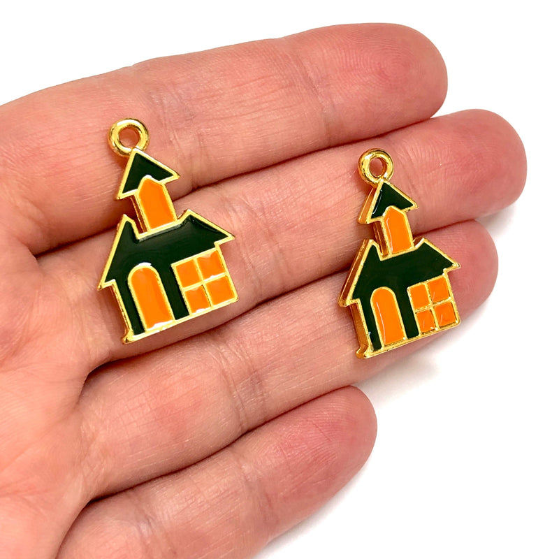 Halloween House Charm, 24Kt Gold Plated Halloween House Enamelled Charm