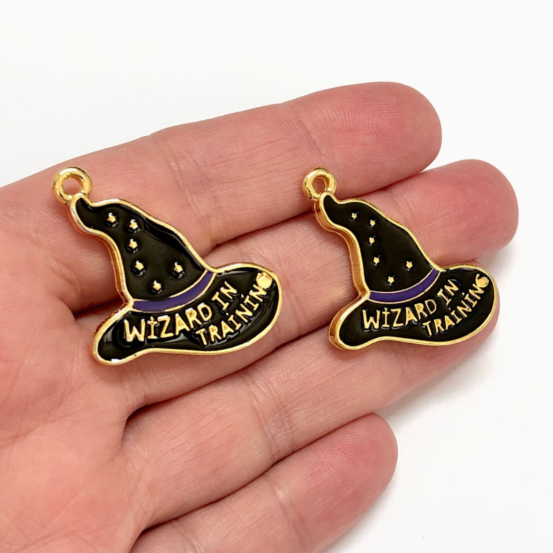 Witch Wizard Hat Halloween Charm, 24Kt Gold Plated Wizard in Training Hat Enamelled Charm