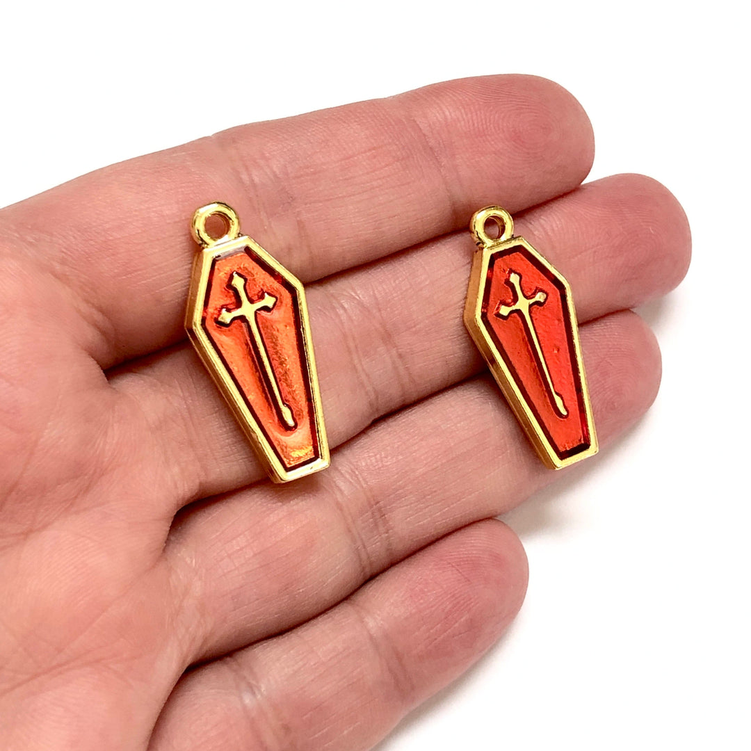 Halloween Coffin Charm, 24Kt Gold Plated Halloween Coffin Enamelled Charm