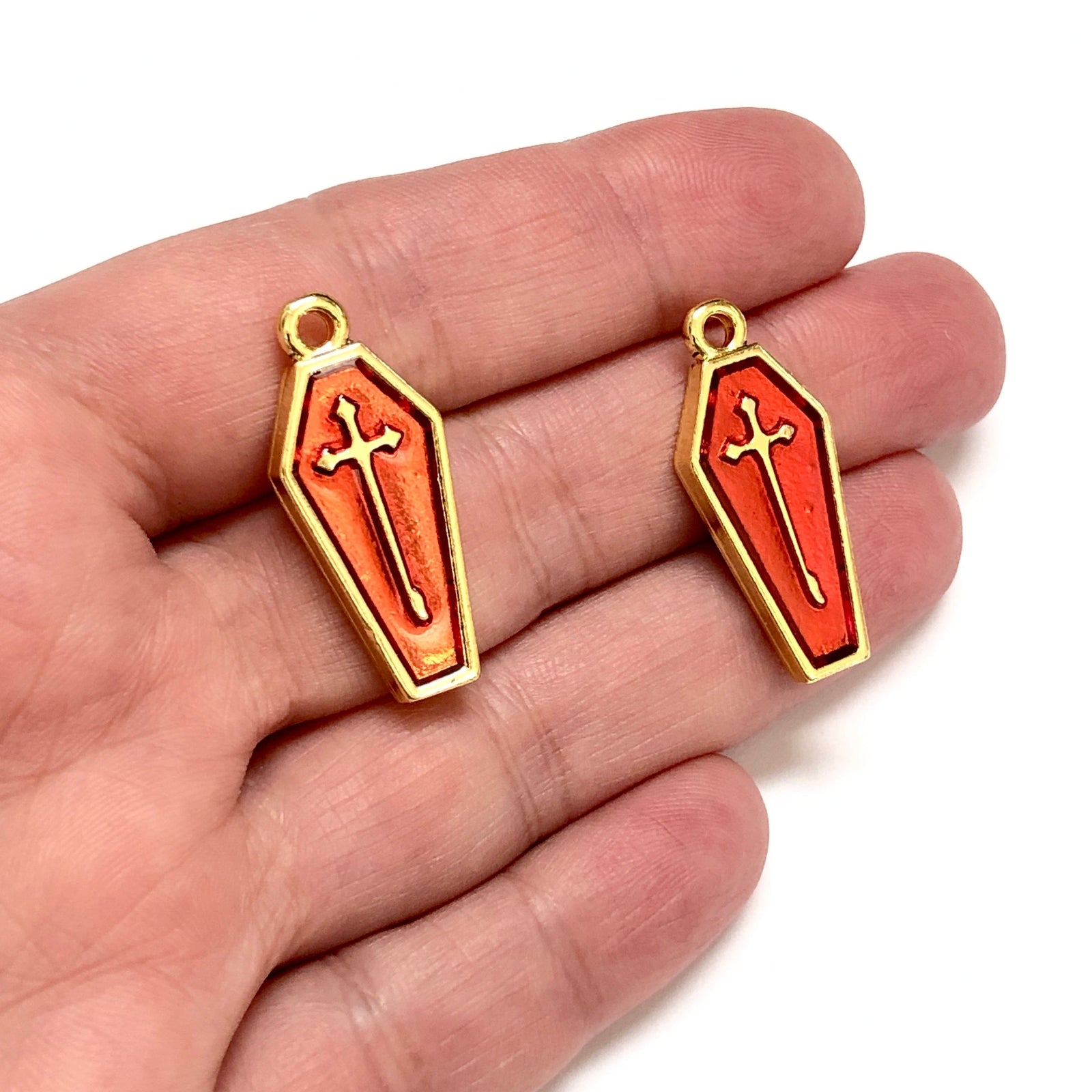 Halloween Coffin Charm, 24Kt Gold Plated Halloween Coffin Enamelled Charm