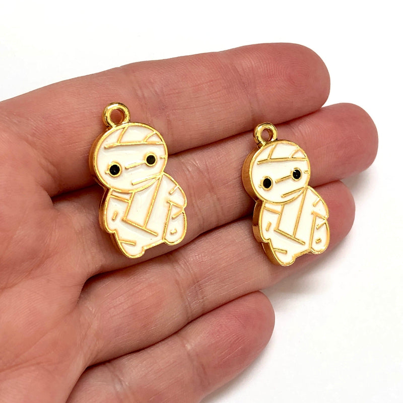 Halloween Mummy Charm, 24Kt Gold Plated Halloween Mummy Enamelled Charm