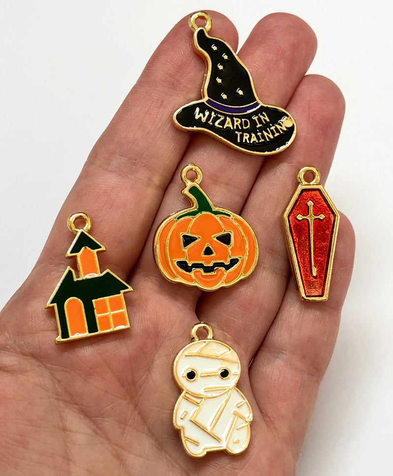 Halloween House Charm, 24Kt Gold Plated Halloween House Enamelled Charm