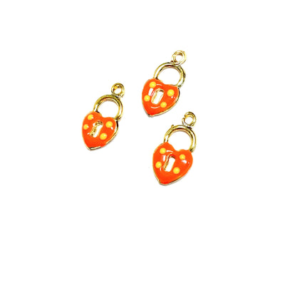 24Kt Shiny Gold Plated Neon Orange Enamelled Heart Padlock Charms, 3 pcs in a pack