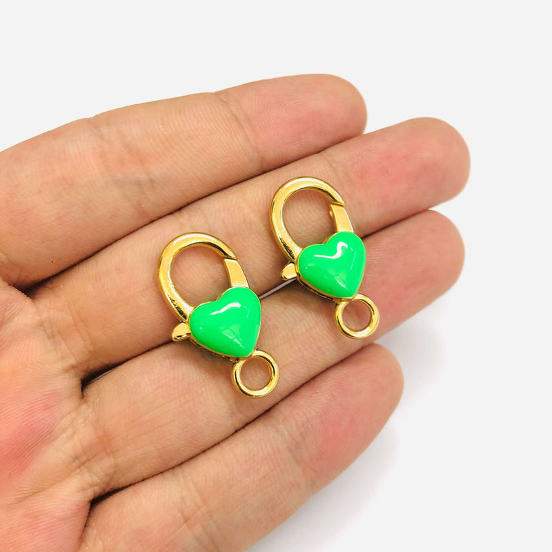 24Kt Gold Plated Neon Green Enamelled Heart Shape Large Lobster Clasp