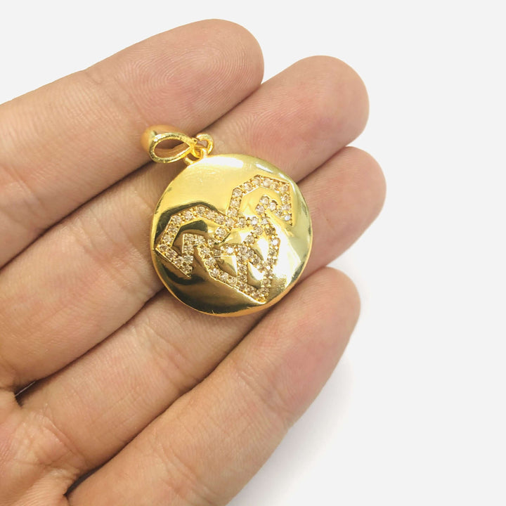24Kt Gold Plated Brass Zirconia Zodiac Horoscope Sign, Constellation Medallion Pendant, Celestial Astrology Charm for Necklace