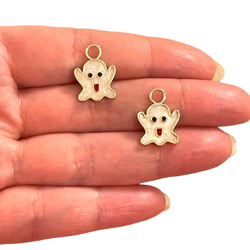 24 Karat vergoldeter, elfenbeinfarbener, emaillierter Casper-Charm, vergoldete Geister-Charms, 2 Stück in einer Packung