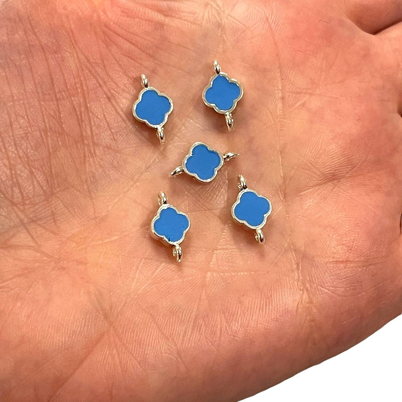 Silver Plated Blue Enamelled Clover Connector Charms,