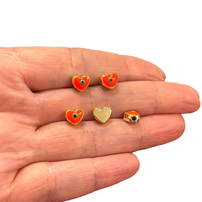8mm 24Kt Gold Plated Neon Orange Evil Eye Enamelled Heart Spacers, 5 Pcs in a pack