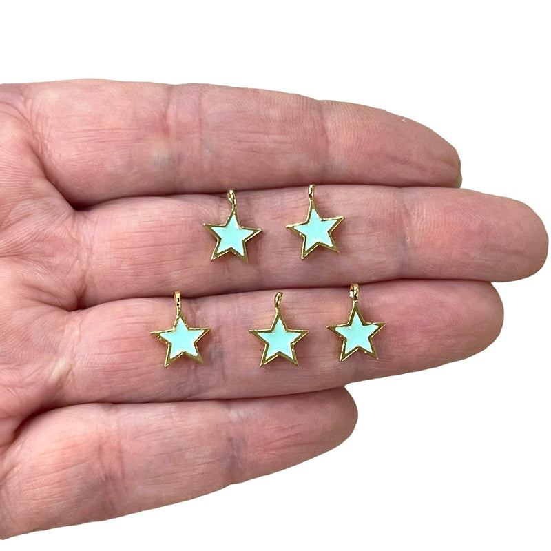 Breloques étoiles émaillées à la menthe plaquées or 24 carats, 5 pièces dans un paquet