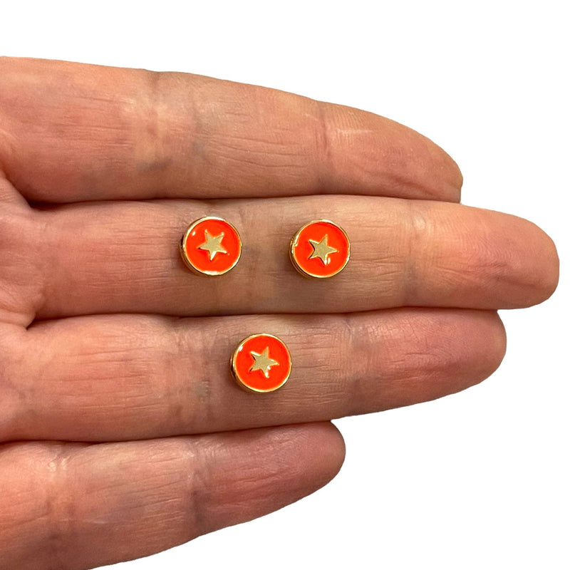 24Kt Gold Plated Double-Sided Neon Orange Enamelled Star Spacer Charms, 3 pcs in a pack