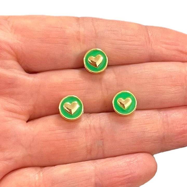 24Kt Gold Plated Double-Sided Neon Green Enamelled Heart Spacer Charms, 3 pcs in a pack, With Horizontal Hole