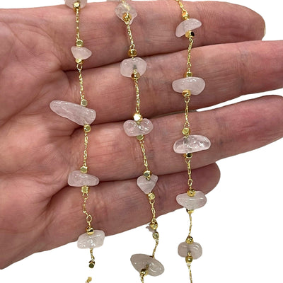 Rose Quartz Rosary Chain, 24Kt Gold Plated Gemstone Chain,