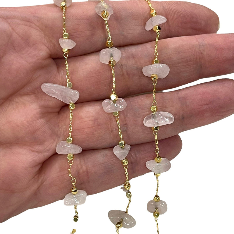 Chaîne de chapelet en quartz rose, chaîne de pierres précieuses plaquées or 24 carats,