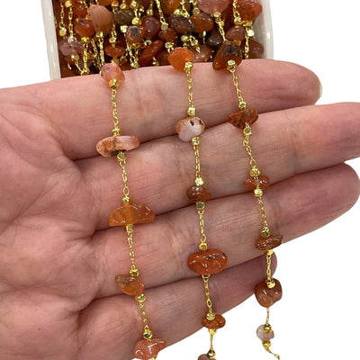 Carnelian Agate Rosary Chain, 24Kt Gold Plated Gemstone Chain,