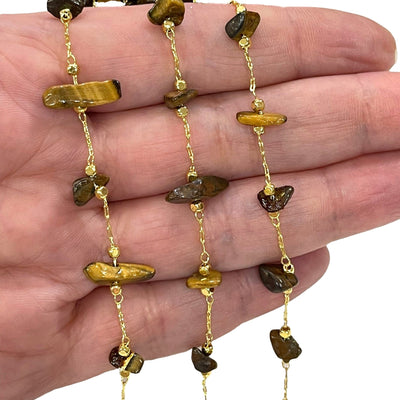 Tiger Eye Rosary Chain, 24Kt Gold Plated Gemstone Chain,