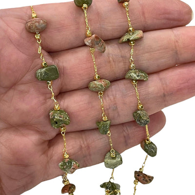 Unakite Jasper Rosary Chain, 24Kt Gold Plated Gemstone Chain,