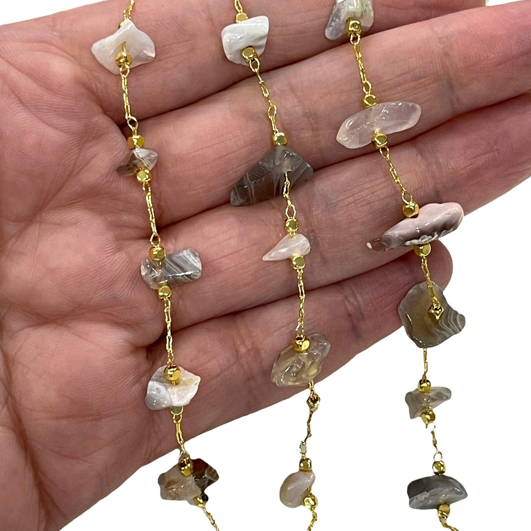 Agate Rosary Chain, 24Kt Gold Plated Gemstone Chain,