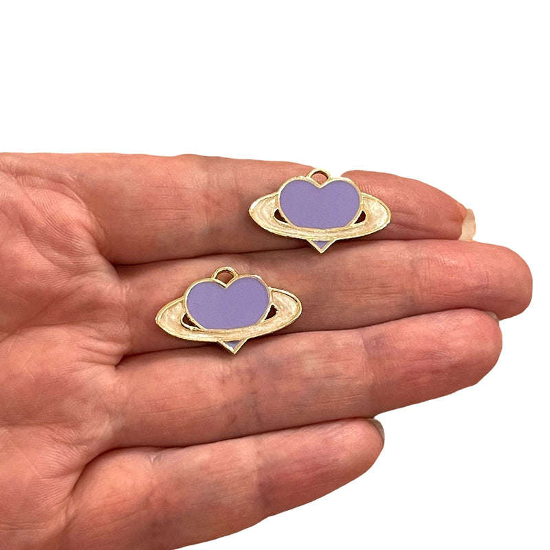 24 Karat vergoldete lila emaillierte Herz-Universum-Charms, 2 Stück in einer Packung