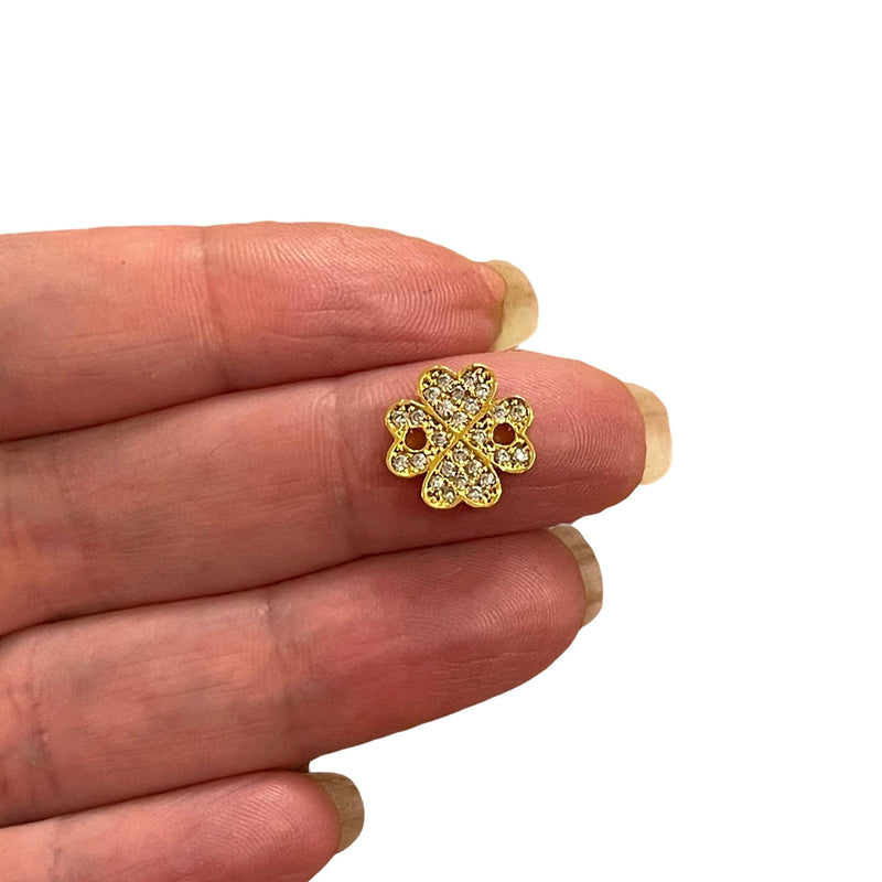 24Kt Gold Plated CZ Micro Pave Clover Button Charm, Bracelet Button Charm