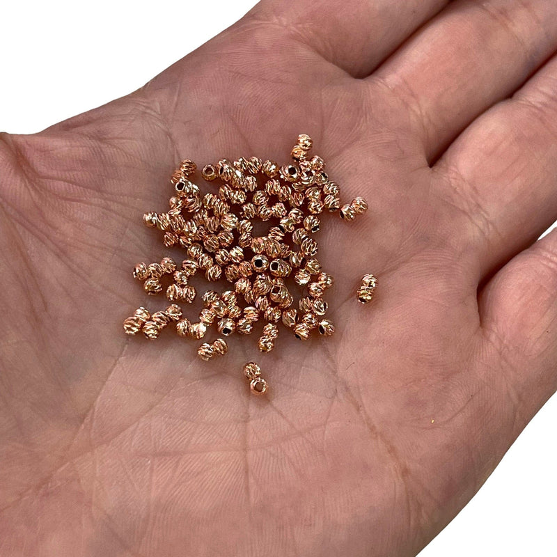 Rose Gold Plated Laser Cut 2mm Spacer Beads, Rose Gold Plated 2mm Dorica Spacer Beads, 100 beads in a pack