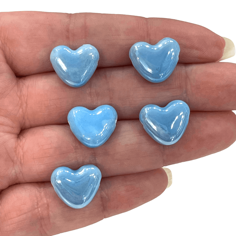 Breloques en forme de cœur bleu à trou horizontal en céramique faites à la main, 5 pièces dans un paquet
