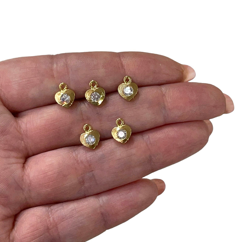 24Kt Shiny Gold Plated Heart with Cubic Zirconia Charms, 5 Pcs in a Pack