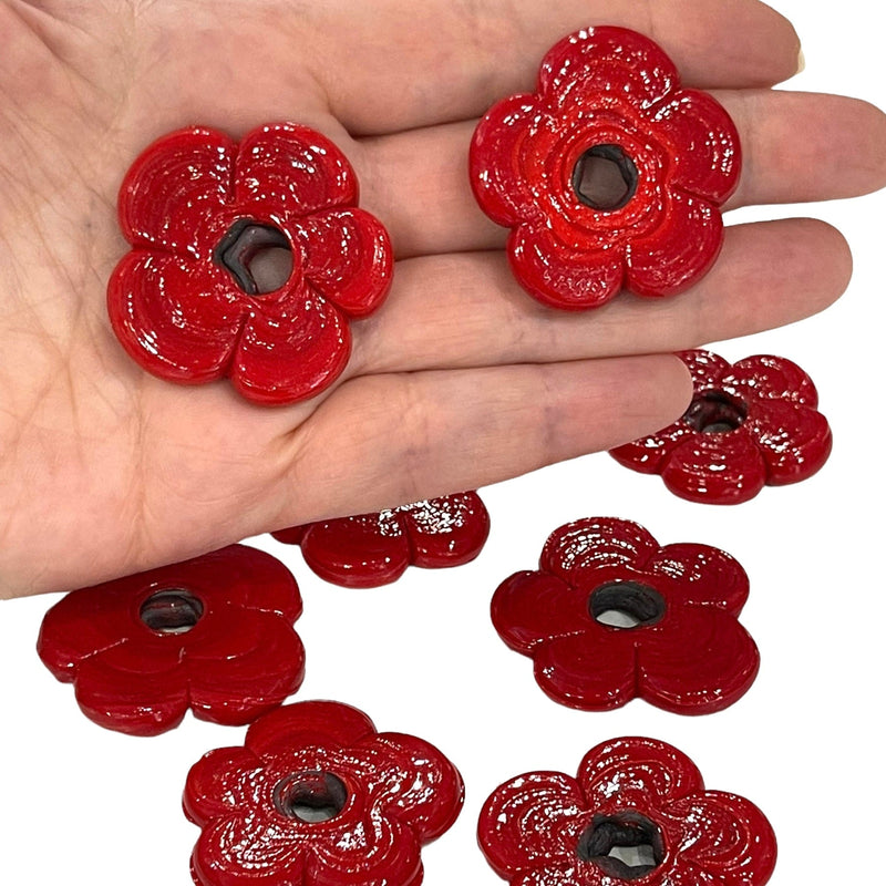 Artisan Handmade Chunky Red Glass Flower Beads, Größe zwischen 35 - 40 mm, 2 Stück in einer Packung