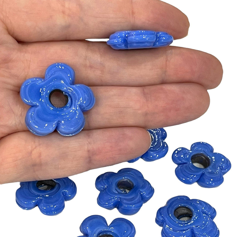 Artisan Handmade Chunky Agate Blue Glass Flower Beads, Size Between 20 - 25mm, 2 pcs in a pack