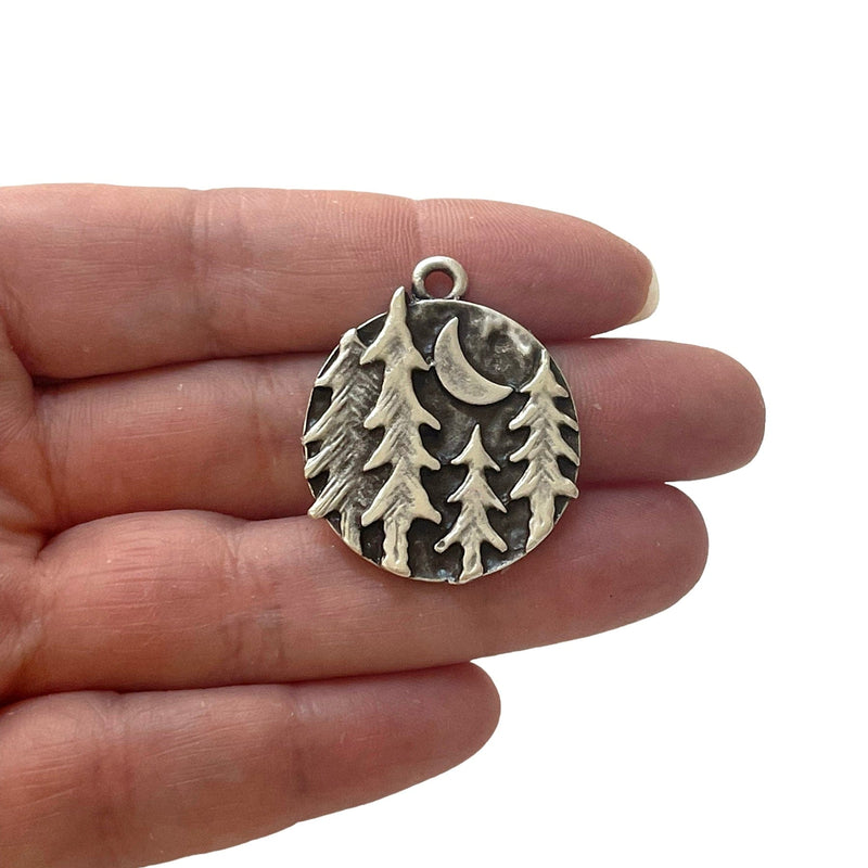 Antique Silver Plated Forest Landscape Crescent Pendant