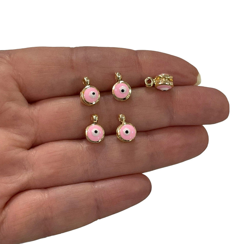 24Kt Gold Plated Double Side Pink Enamelled Evil Eye Charms, 5 pcs in a pack
