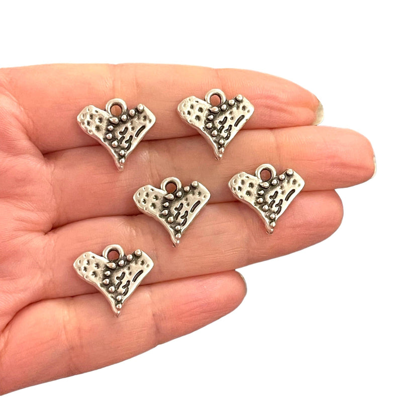 Antique Silver Plated Heart Charms, 5 pcs in a pack